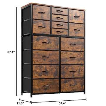 EnHomee Tall Dresser for Bedroom,16 Drawer Dressers & Chests of Drawers, Fabric Bedroom Dresser with Wood Top, Metal Frame,Storage Drawer for Closet Entryway,Rustic Brown
