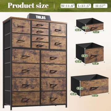 EnHomee Tall Dresser for Bedroom,16 Drawer Dressers & Chests of Drawers, Fabric Bedroom Dresser with Wood Top, Metal Frame,Storage Drawer for Closet Entryway,Rustic Brown