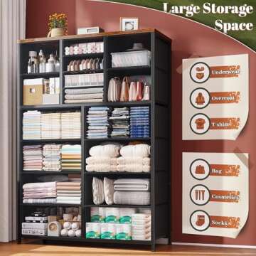 EnHomee Tall Dresser for Bedroom,16 Drawer Dressers & Chests of Drawers, Fabric Bedroom Dresser with Wood Top, Metal Frame,Storage Drawer for Closet Entryway,Rustic Brown