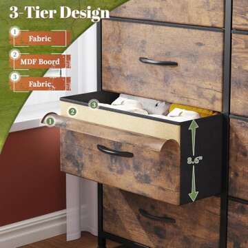 EnHomee Tall Dresser for Bedroom,16 Drawer Dressers & Chests of Drawers, Fabric Bedroom Dresser with Wood Top, Metal Frame,Storage Drawer for Closet Entryway,Rustic Brown