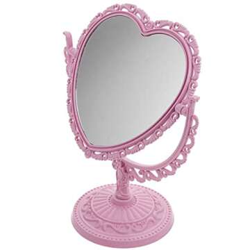 AKOAK 1 Pack Simple and Lovely Heart-Shaped Cosmetic Mirror Plastic Double-Sided Rotatable Dresser Mirror Lightweight Portable Bathroom Bedroom Mirror （Four-Color）(Pink)