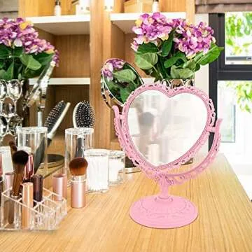 AKOAK 1 Pack Simple and Lovely Heart-Shaped Cosmetic Mirror Plastic Double-Sided Rotatable Dresser Mirror Lightweight Portable Bathroom Bedroom Mirror （Four-Color）(Pink)
