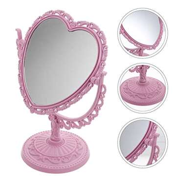 AKOAK 1 Pack Simple and Lovely Heart-Shaped Cosmetic Mirror Plastic Double-Sided Rotatable Dresser Mirror Lightweight Portable Bathroom Bedroom Mirror （Four-Color）(Pink)