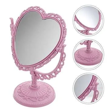 AKOAK 1 Pack Simple and Lovely Heart-Shaped Cosmetic Mirror Plastic Double-Sided Rotatable Dresser Mirror Lightweight Portable Bathroom Bedroom Mirror （Four-Color）(Pink)