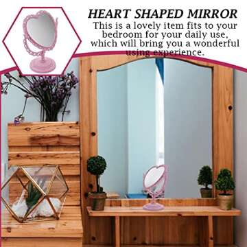 AKOAK 1 Pack Simple and Lovely Heart-Shaped Cosmetic Mirror Plastic Double-Sided Rotatable Dresser Mirror Lightweight Portable Bathroom Bedroom Mirror （Four-Color）(Pink)