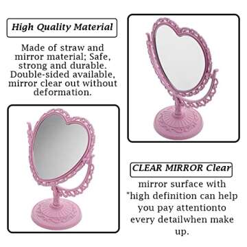 AKOAK 1 Pack Simple and Lovely Heart-Shaped Cosmetic Mirror Plastic Double-Sided Rotatable Dresser Mirror Lightweight Portable Bathroom Bedroom Mirror （Four-Color）(Pink)