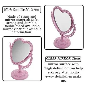 AKOAK 1 Pack Simple and Lovely Heart-Shaped Cosmetic Mirror Plastic Double-Sided Rotatable Dresser Mirror Lightweight Portable Bathroom Bedroom Mirror （Four-Color）(Pink)