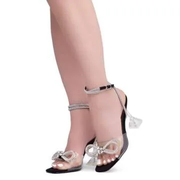 Shoe Land SL-NAOMI Women's Double Bowknots Crystal Sandals, Clear Slingback Heels with Square Open Toe – Dressy Rhinestone High Heels for Party Wedding and Prom, ClearBlack, Size 7.5