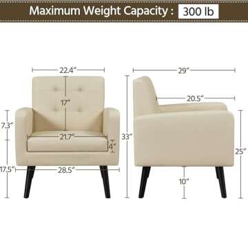 Yaheetech Mid-Century Accent Chairs, PU Leather Modern Upholstered Living Room Chair, Cozy Armchair Button Tufted Back and Wood Legs for Bedroom/Office/Cafe Beige