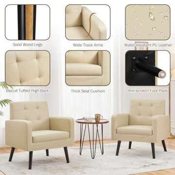Yaheetech Mid-Century Accent Chairs, PU Leather Modern Upholstered Living Room Chair, Cozy Armchair Button Tufted Back and Wood Legs for Bedroom/Office/Cafe Beige