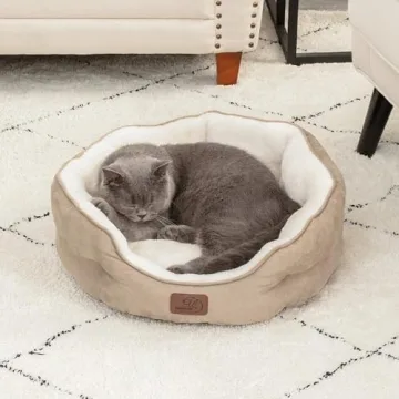 Bedsure Dog Beds for Small Dogs - Round Cat Beds for Indoor Cats, Washable Pet Bed for Puppy and Kitten with Slip-Resistant Bottom, 20 Inches, Camel