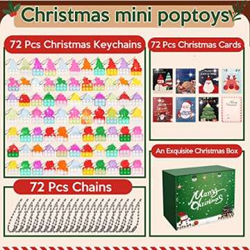 72 Pcs Christmas Mini Pop Keychain Bulk, Fidget Toys Pack Party Bag Fillers Party Favors for Kids 3-5 4-8 8-12, Bubbles Desk Toy Stress Reliever Anti-Anxiety, Include Christmas Cards Keychains
