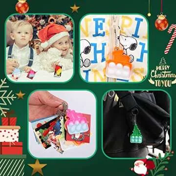 72 Pcs Christmas Mini Pop Keychain Bulk, Fidget Toys Pack Party Bag Fillers Party Favors for Kids 3-5 4-8 8-12, Bubbles Desk Toy Stress Reliever Anti-Anxiety, Include Christmas Cards Keychains