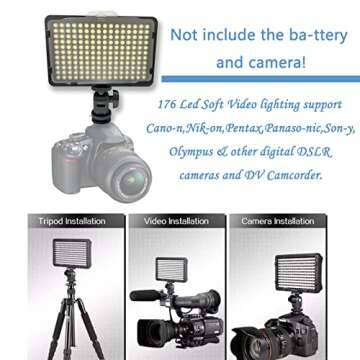 Digital SLR Camera Lighting - 176 Ultra Thin Dimmable Camera Photo/Studio Video LED Light Camcorder Lamp Panel with Color Filters for Nikon, Canon, Panasonic, Tripod, DSLR (NO Battery/NO AC Power)