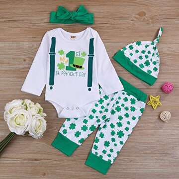 GRNSHTS Newborn Baby Boy My First St.Patrick's Day Outfits Green Romper Four-Leaf Clover Pants Hat Headband Clothes Set (White, 3-6 Months)