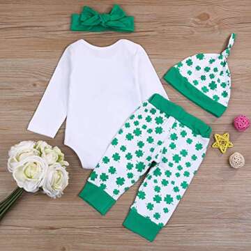 GRNSHTS Newborn Baby Boy My First St.Patrick's Day Outfits Green Romper Four-Leaf Clover Pants Hat Headband Clothes Set (White, 3-6 Months)