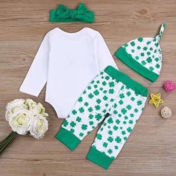 GRNSHTS Newborn Baby Boy My First St.Patrick's Day Outfits Green Romper Four-Leaf Clover Pants Hat Headband Clothes Set (White, 3-6 Months)