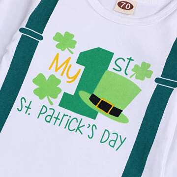 GRNSHTS Newborn Baby Boy My First St.Patrick's Day Outfits Green Romper Four-Leaf Clover Pants Hat Headband Clothes Set (White, 3-6 Months)