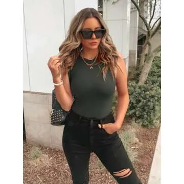 REORIA Womens Sexy Sleeveless High Neck Racer Back Halter Thong Bodysuits Leotard Tank Tops Grey Green Small