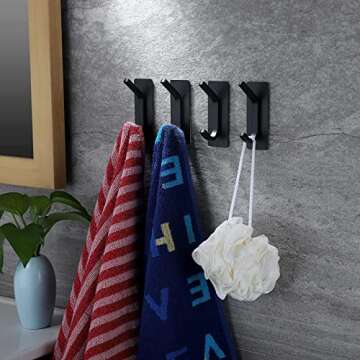 YIGII Towel Hook/Adhesive Hooks - Black Wall Hooks Stick for Bathroom and Kitchen Heavy Duty Hooks 4-Pack, Stainless Steel