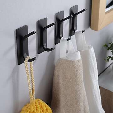 YIGII Towel Hook/Adhesive Hooks - Black Wall Hooks Stick for Bathroom and Kitchen Heavy Duty Hooks 4-Pack, Stainless Steel