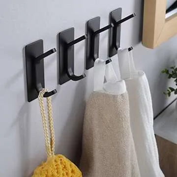 YIGII Towel Hook/Adhesive Hooks - Black Wall Hooks Stick for Bathroom and Kitchen Heavy Duty Hooks 4-Pack, Stainless Steel