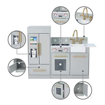 Teamson Kids Little Chef Charlotte Modern Modular Interactive Wooden Play Kitchen with Refrigerator, Stove and Sink in Gray with Gold Accents