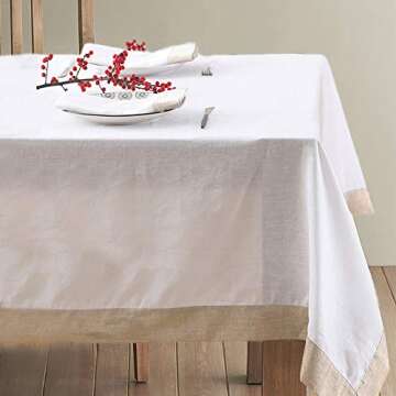 Simple&Opulence 100% Linen Tablecloth - (Pack of 1) - Premium Rectangle (Coloured Border) Reusable Washable Durable Daily Use for Dinner/Party/Picnic/Wedding - White+Linen, 60 x 120 inch