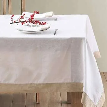 Simple&Opulence 100% Linen Tablecloth - (Pack of 1) - Premium Rectangle (Coloured Border) Reusable Washable Durable Daily Use for Dinner/Party/Picnic/Wedding - White+Linen, 60 x 120 inch