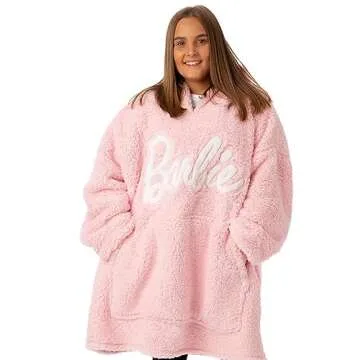 Barbie Womens Wearable Hooded Blanket | Ladies Embroidered Classic Logo Fleece Hoodie in Pink | Cozy Doll Fashion Pullover