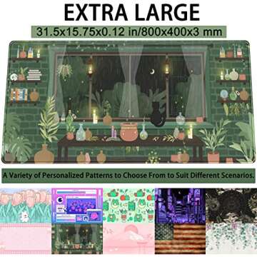 Cute Rainy Night Desk Mat Green Plants Desk Pad, Anime Black Cat Kawaii Large Gaming Mouse Pad, Moon...