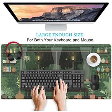Cute Rainy Night Desk Mat Green Plants Desk Pad, Anime Black Cat Kawaii Large Gaming Mouse Pad, Moonlight Fireflies Deskmat Aesthetic Mousepad XXL, Laptop Keyboard Pad for Women Desk 31.5"x15.75"