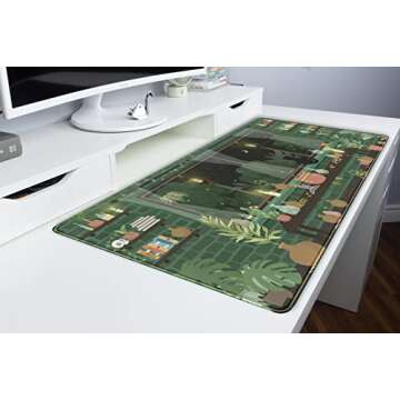 Cute Rainy Night Desk Mat Green Plants Desk Pad, Anime Black Cat Kawaii Large Gaming Mouse Pad, Moonlight Fireflies Deskmat Aesthetic Mousepad XXL, Laptop Keyboard Pad for Women Desk 31.5"x15.75"