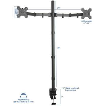 VIVO Dual Monitor Stand Up Desk Mount Extra Tall 39 inch Pole, Fully Adjustable Stand for up to 27 inch Screens, Black, STAND-V012