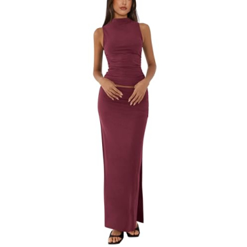 BTFBM Womens Two Piece Outfits Summer Lightweight 2025 Mock Neck Sleeveless Knit Tops Maxi Skirt Set...
