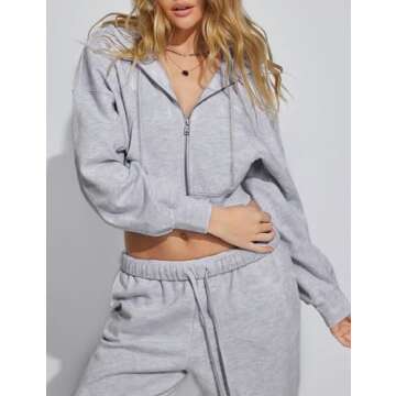 Hooever Womens Cute Workout Cropped Zip Up Drawstring Hoodie Sweatshirt Jacket (Grey, S)