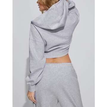 Hooever Womens Cute Workout Cropped Zip Up Drawstring Hoodie Sweatshirt Jacket (Grey, S)