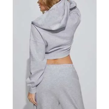 Hooever Womens Cute Workout Cropped Zip Up Drawstring Hoodie Sweatshirt Jacket (Grey, S)