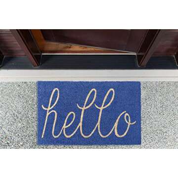 DII Hello Coir Fiber Doormat Non-Slip Durable Outdoor/Indoor, Pet Friendly, 18x30, Blue