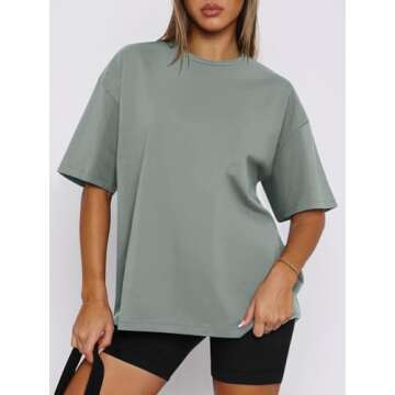 REORIA Womens Oversized Workout T Shirts - Summer Casual Plus Size Tee Mineral Green