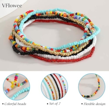 VFlowee Colorful Boho Anklets for Women - 7pcs Set