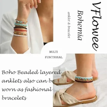 VFlowee Colorful Boho Anklets for Women - 7pcs Set