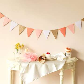 Fonder Mols 10-feet Vintage Style Pennant Banner, Rose Gold Party Banner, Paper Triangle Flags Bunti...