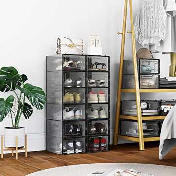 12 Pack Shoe Boxes Clear Plastic Stackable,Shoe Storage Containers with Lids for Boots Sneaker Shoe ...