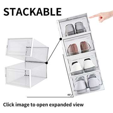 12 Pack Shoe Boxes Clear Plastic Stackable,Shoe Storage Containers with Lids for Boots Sneaker Shoe Organizer Bins,Easy to Assemble & Waterproof Shoe Storage Cubes for Mens Women Kids Shoes