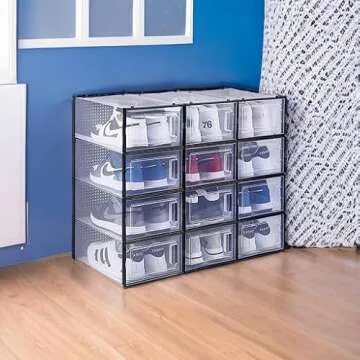 12 Pack Shoe Boxes Clear Plastic Stackable,Shoe Storage Containers with Lids for Boots Sneaker Shoe Organizer Bins,Easy to Assemble & Waterproof Shoe Storage Cubes for Mens Women Kids Shoes