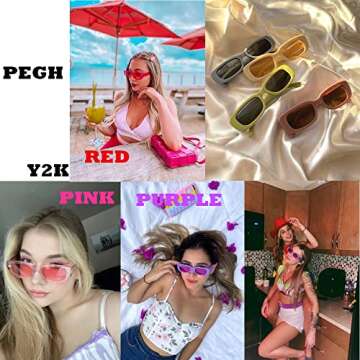 PEGH Rectangle Sunglasses for Women Men Retro 90s Trendy Oval Lenses Sun Glasses Narrow Frame Shades UV400 Protection Pink PH2225