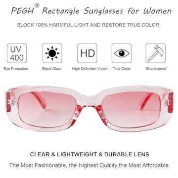 PEGH Rectangle Sunglasses for Women Men Retro 90s Trendy Oval Lenses Sun Glasses Narrow Frame Shades UV400 Protection Pink PH2225