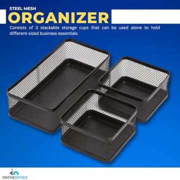 1InTheOffice Desk Baskets and Organizers Tray, Black Mesh Tray, Black Wire Mesh, 3-Compartment Stackable