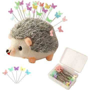 Hedgehog Pin Cushion with 100 Butterfly Pins for Sewing